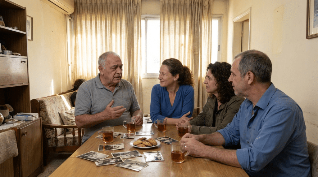 ארבעה מבוגרים יושבים סביב שולחן עם תה, עוגיות ותמונות ישנות, משוחחים בחדר צנוע ומואר בשמש.