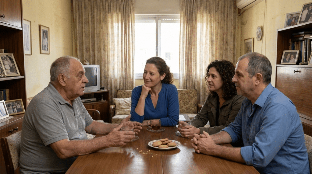 ארבעה מבוגרים יושבים סביב שולחן עץ עם עוגיות וכוסות, משוחחים בסלון עם תמונות משפחתיות ווילונות מעוצבים.