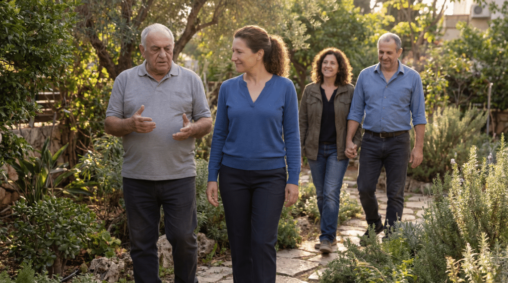 ארבעה מבוגרים הולכים יחד ומשוחחים על שביל אבן העוברת בגן שופע, מוקפים בצמחייה ובאור השמש, משוחחים על זקנה ומחליפים חוויות בנוגע לטיפול בהורה.