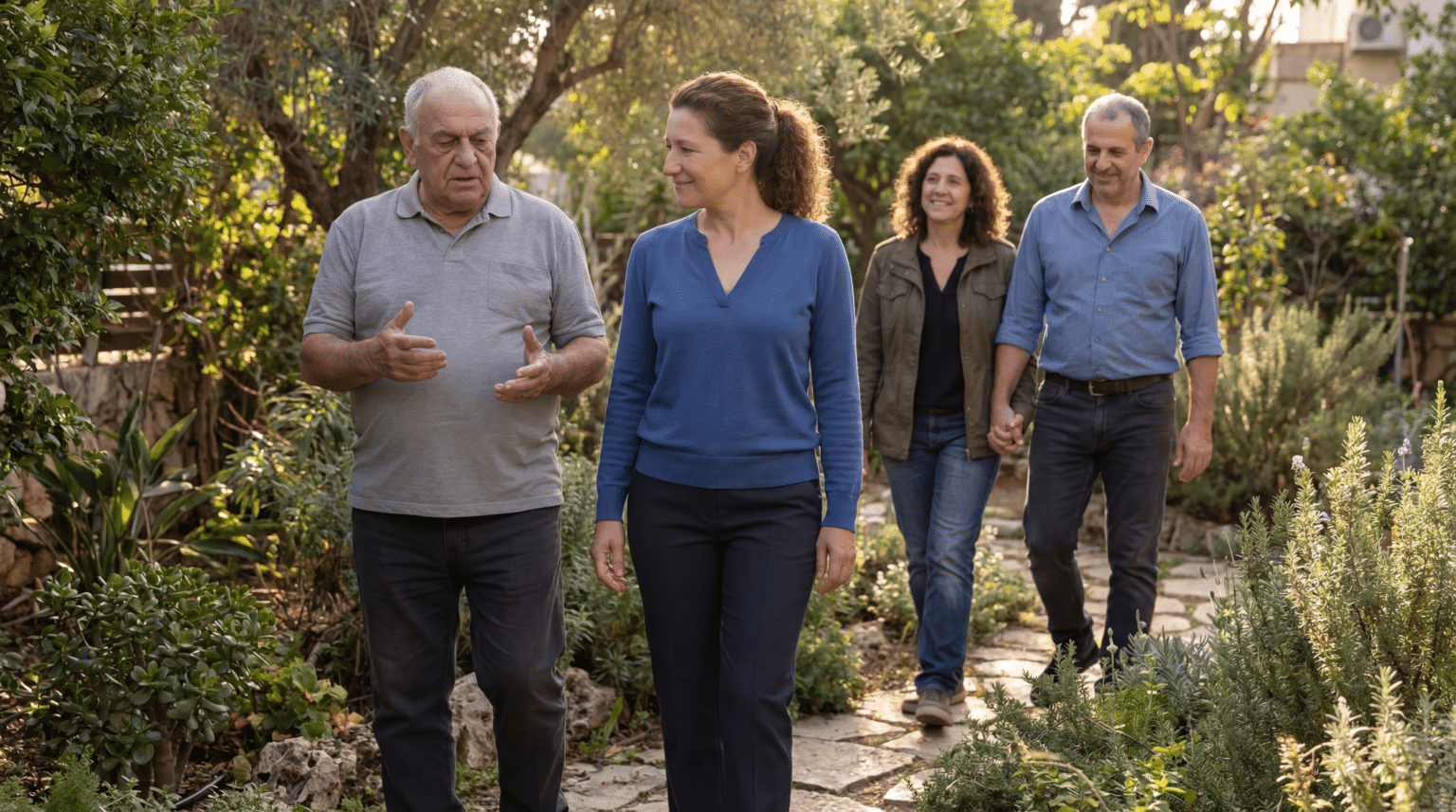 ארבעה מבוגרים הולכים יחד ומשוחחים על שביל אבן העוברת בגן שופע, מוקפים בצמחייה ובאור השמש, משוחחים על זקנה ומחליפים חוויות בנוגע לטיפול בהורה.