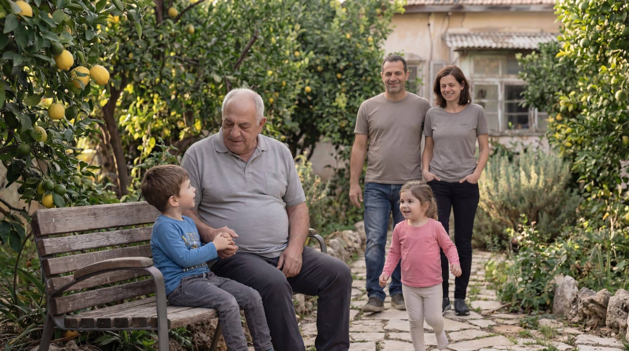 שני ילדים קטנים משוחחים עם גבר מבוגר היושב על ספסל, בעוד גבר ואישה עומדים מחייכים בגינה.