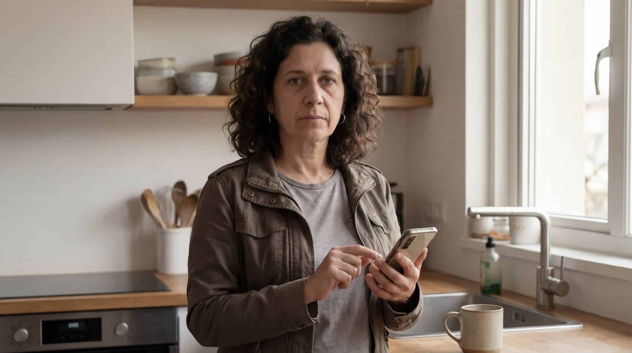 אישה עם שיער מתולתל עומדת במטבח, מחזיקה בסמארטפון ומשתמשת בו, ומביטה ישירות למצלמה. ספל מונח על השיש לידה.