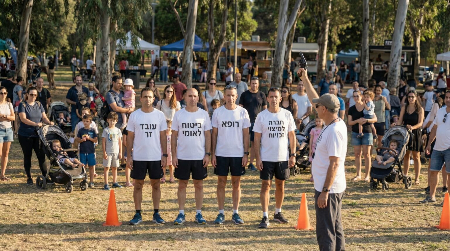 קבוצה של חמישה גברים עומדת בפארק ליד קונוסים כתומים, מול גבר עם יד מורמת, בעוד קהל צופה ברקע. הגברים לובשים חולצות לבנות עם כיתוב בעברית.