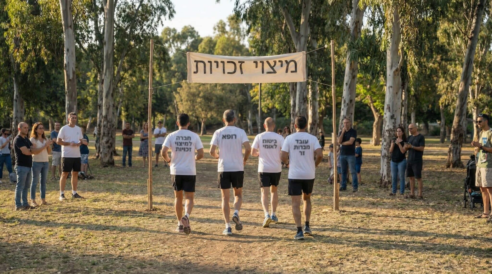 ארבעה גברים בחולצות לבנות תואמות רצים לעבר קו הסיום, המוקף בעצים ובאנשים המריעים בפארק.