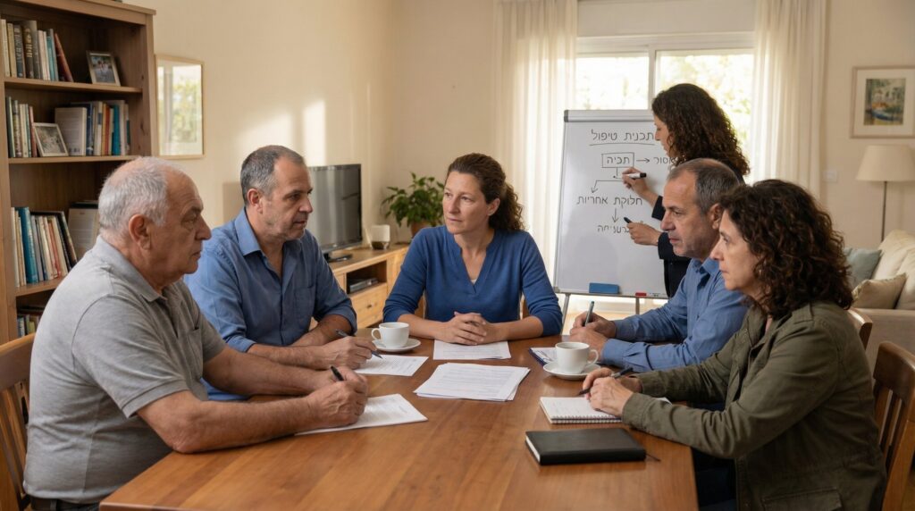 שישה מבוגרים יושבים סביב שולחן עם מסמכים וכוסות קפה, ועוסקים בדיון. ברקע נראית לוח מחיק עם כיתוב בעברית.